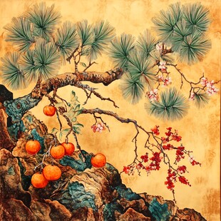松柿梅图绘中式祥瑞景致