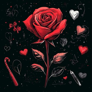 红玫瑰与浪漫元素插画