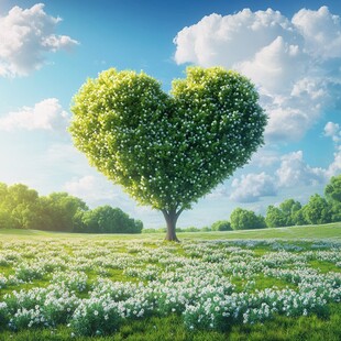心形绿树绽放于花海蓝天