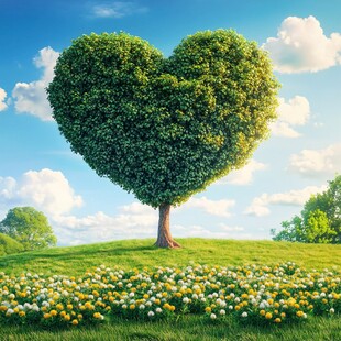 心形绿树绽放浪漫田园