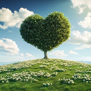 心形绿树绽放于花海蓝天