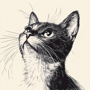 仰望的猫咪黑白插画