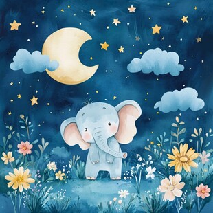 月夜小象 梦幻花卉星空图