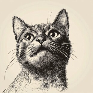 仰头猫咪黑白插画