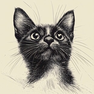 抬头小猫的黑白素描画