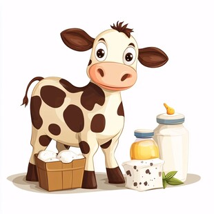 可爱奶牛与奶制品插画