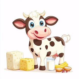 可爱奶牛与奶制品及水果