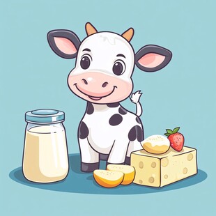 可爱小牛与奶制品插画