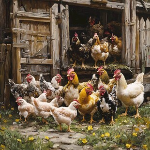 鸡群聚集在古朴木屋前
