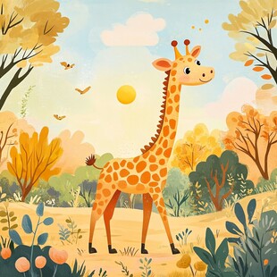 漫步秋日丛林的可爱长颈鹿