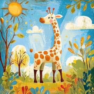 长颈鹿漫步于多彩森林