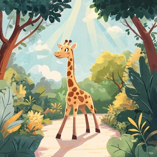 长颈鹿漫步阳光森林中