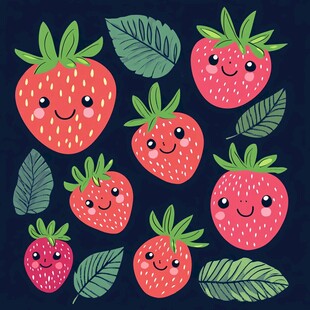 可爱笑脸草莓与绿叶图案