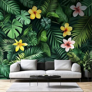 热带绿植花卉风客厅背景墙