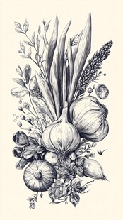手绘葱蒜及多样蔬菜花卉