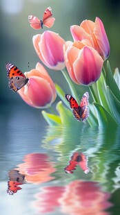 蝶舞郁金香倒映于水面