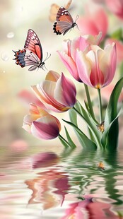 蝶舞郁金香 水面映春光