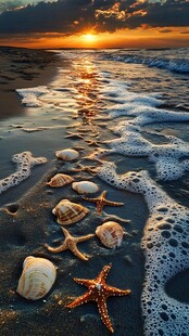夕阳海滩上的海星与贝壳