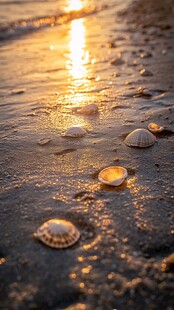 夕阳下海滩上的斑斓贝壳