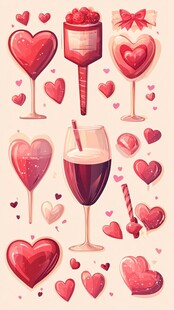 浪漫心形与饮品插画元素