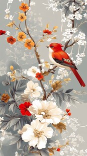 花鸟绘景 红羽鸟栖繁花间