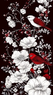 花鸟图饰 红鸟栖于繁花间