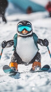 企鹅滑雪萌态尽显