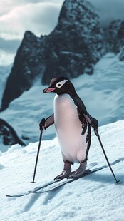 企鹅滑雪趣 冰雪中的萌态