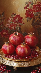 古典盘上的艳红石榴果实