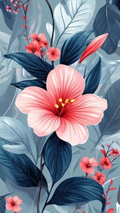 粉色木槿花与蓝叶插画