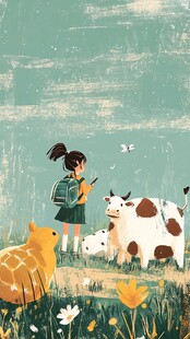 小女孩田野间与动物相伴