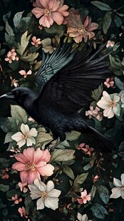 黑鸦飞舞于繁花绿叶间