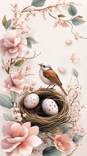 春日鸟巢 小鸟与粉嫩花朵