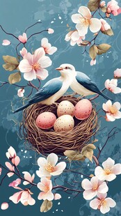 双鸟栖巢伴花与彩蛋