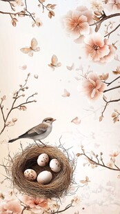 春日鸟巢 鸟儿与粉嫩繁花