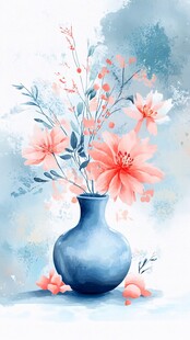 蓝色花瓶中的柔美花卉