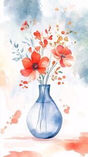 蓝色花瓶中的绚烂花卉