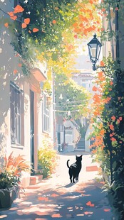 黑猫漫步于繁花小巷