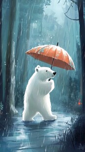 雨中撑伞的可爱北极熊