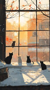 冬日窗边的猫咪温馨景象