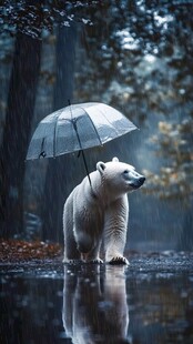 雨中撑伞的孤独北极熊