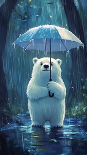 雨中撑伞的北极熊