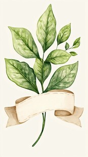 手绘绿叶配简约丝带装饰
