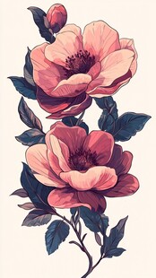 手绘粉色花卉植物插画