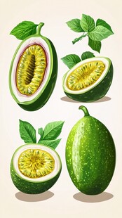 奇异瓜插画 完整与剖开形态