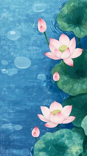 水墨风蓝底荷花清新图景