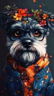 戴花眼镜萌犬时尚装扮