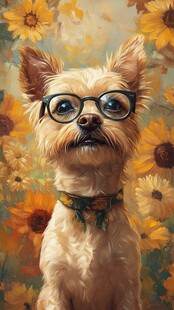 戴眼镜的萌犬置身花海