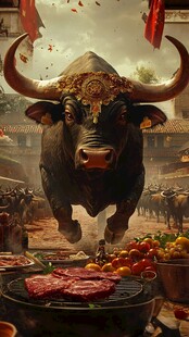 牛气冲天的美食节庆场景
