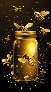 金色蜜蜂与蜂蜜罐梦幻插画